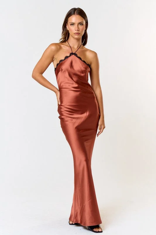 Love In Your Life Satin Rust Brown Halter Maxi Dress Comfortable Fitted Maxi Dress