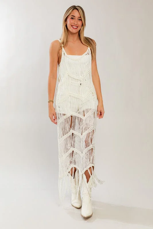 Madrid Knit Crochet Fringe Maxi Dress Chic Off-Shoulder Maxi Dress