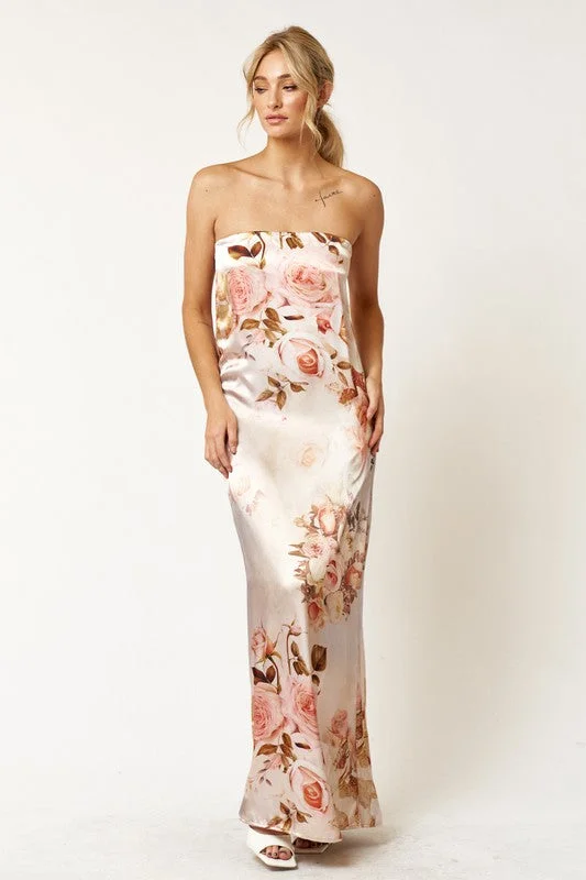 Milan Floral Satin Tube Maxi Dress Comfortable Long-Sleeve Maxi Dress