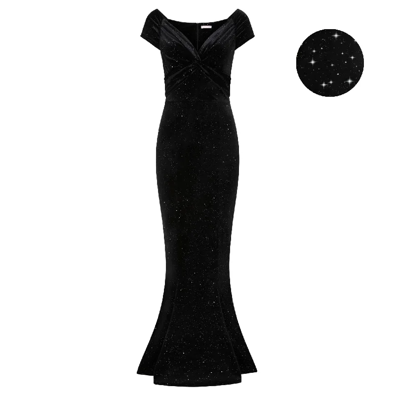 Black Diamante Glitter Sparkle Cap Sleeve Twist Bust Fishtail Hem Velour Maxi Dress Comfortable Cotton Maxi Dress