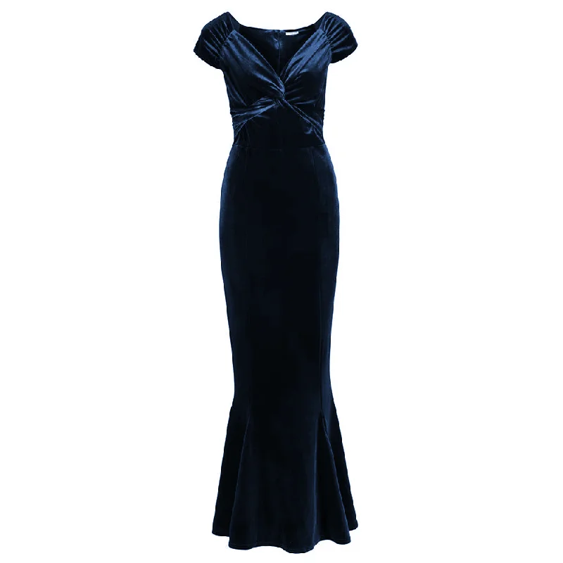 Navy Blue Cap Sleeve Twist Bust Fishtail Hem Velour Maxi Dress Elegant Lace Maxi Dress