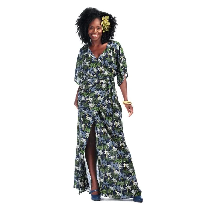 Navy Blue and Green Palm Tree Print Faux Wrap Maxi Dress Elegant Lace Maxi Dress