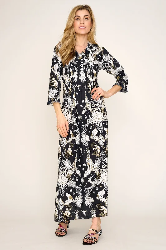 Cotton Annabel Maxi Dress in Black Tropical Fashionable Sleeveless Maxi Dress