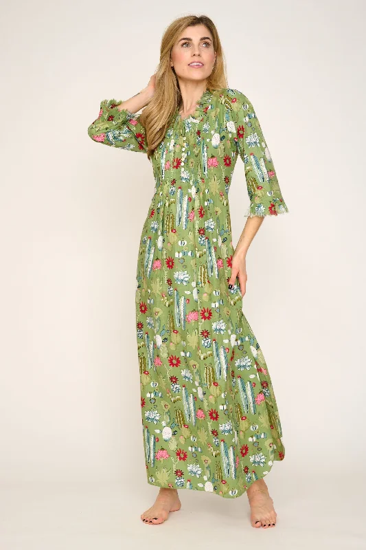 Cotton Annabel Maxi Dress in Green Cactus Cozy Spaghetti Strap Maxi Dress