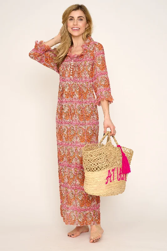 Cotton Annabel Maxi Dress in Pink & Ochre Paisley Comfortable Bohemian Maxi Dress