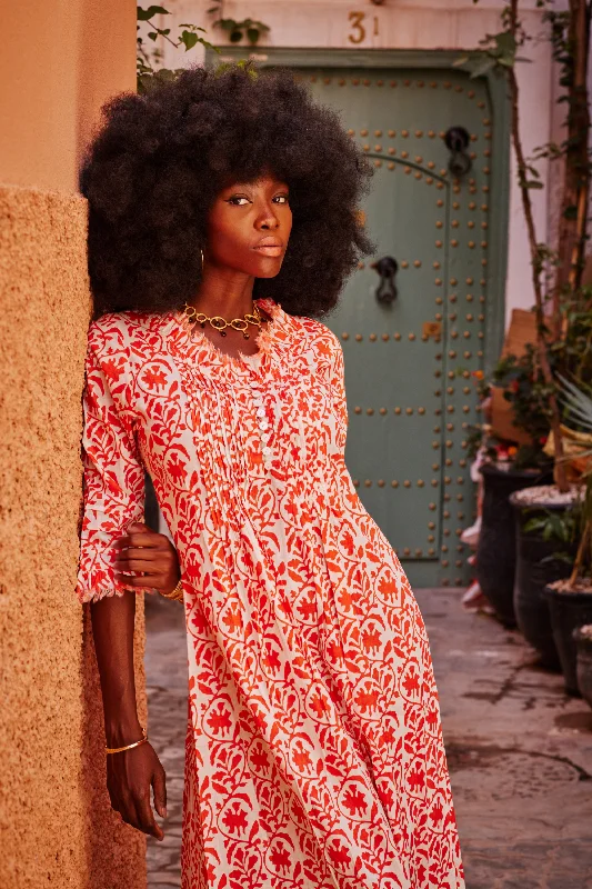 Cotton Annabel Maxi Dress in White With Orange Trellis Elegant Floral Maxi Dress