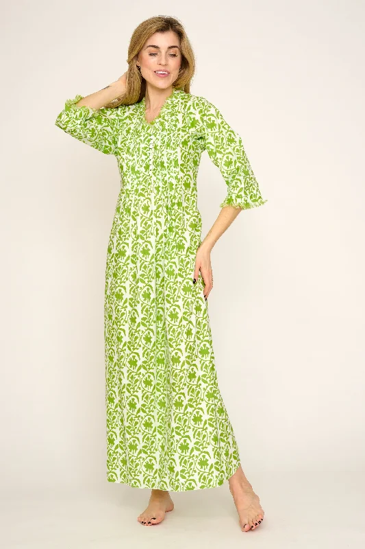 Cotton Annabel Maxi Dress in White with Fresh Lime Trellis Trendy Printed Maxi Dress