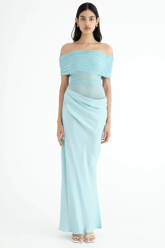 Nico Off Shoulder Maxi Dress Aquamarine by Benni Trendy Fit-and-Flare Maxi Dress