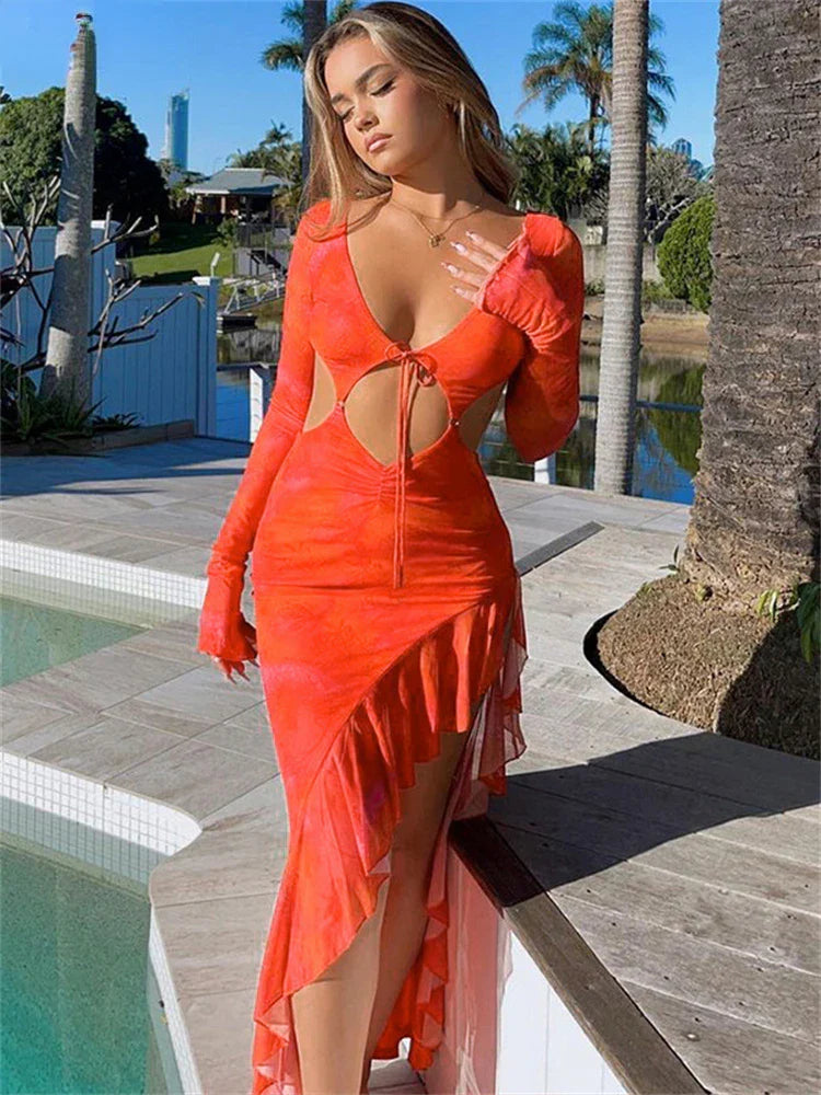 Orange Ruffles Cut Out Long Maxi Dress Elegant Pleated Maxi Dress