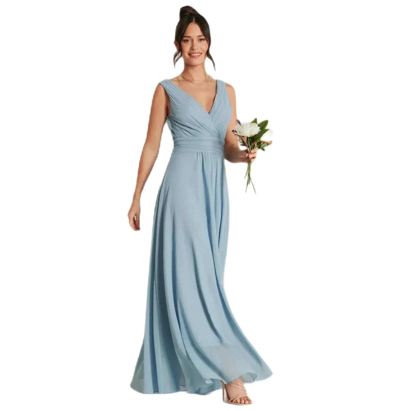 Jolie Moi Pale Blue V-Neck Pleated Bodice Maxi Dress Comfortable Ruffle Hem Maxi Dress