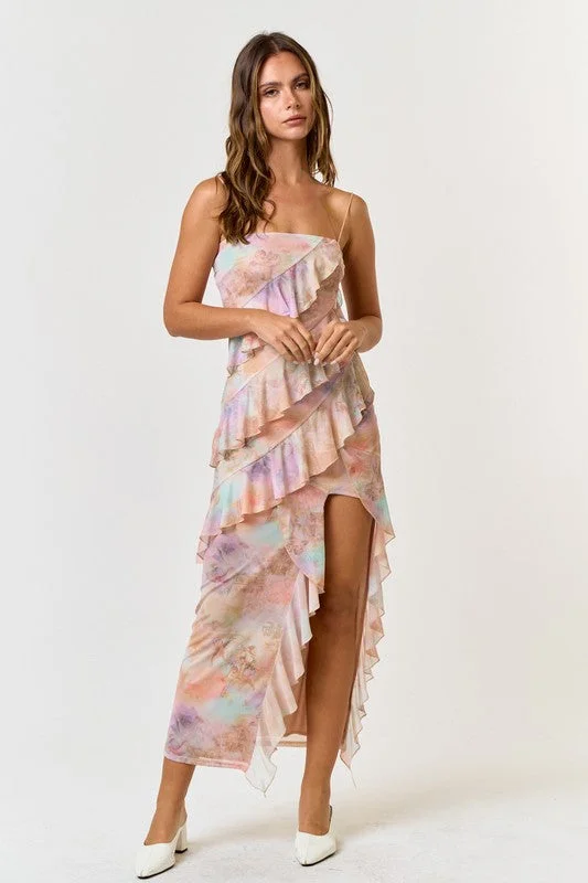 Cherub Party Mesh Ruffle Maxi Dress Comfortable Fitted Maxi Dress