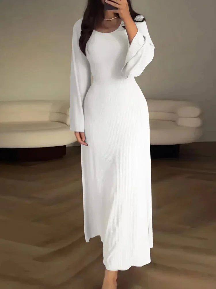 Patchwork Bandaged Round-necked Slim-fitted Long-sleeved Street-ready Ankle-length Maxi Dress Stylish Off-Shoulder Maxi Dress Patchwork Bandaged Round-necked Slim-fitted Long-sleeved Street-ready Ankle-length Maxi Dress Stylish Off-Shoulder Maxi Dress