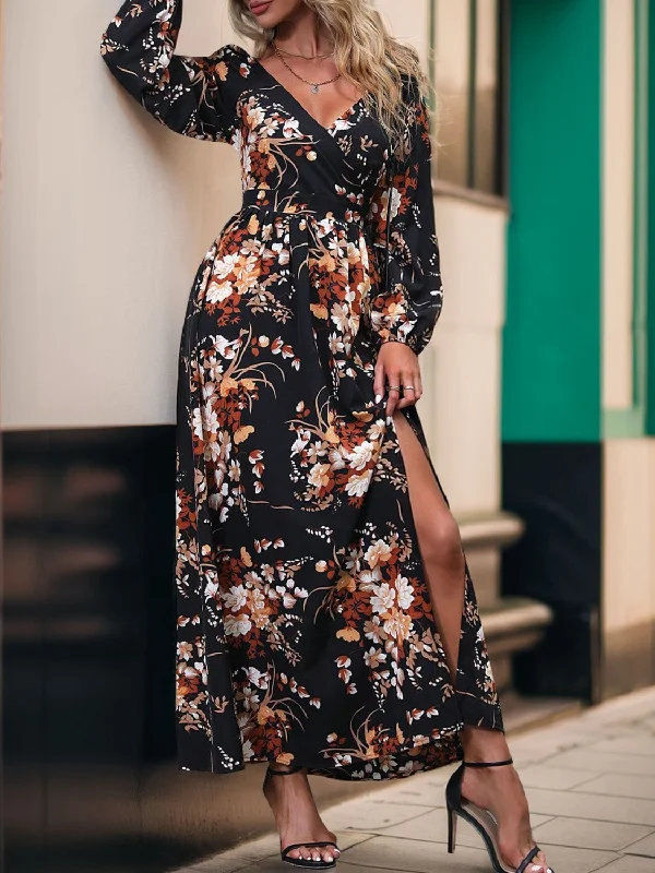 Perfee Slit Printed Surplice Long Sleeve Maxi Dress Elegant Maxi Dress with Drapes