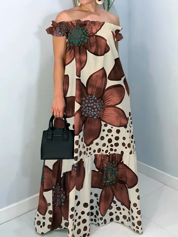 Plus Size Boho Dress, Women's Plus Floral Print Ruffle Trim Off Shoulder Cap Sleeve Maxi Dress Cozy Maxi Dress with Slit