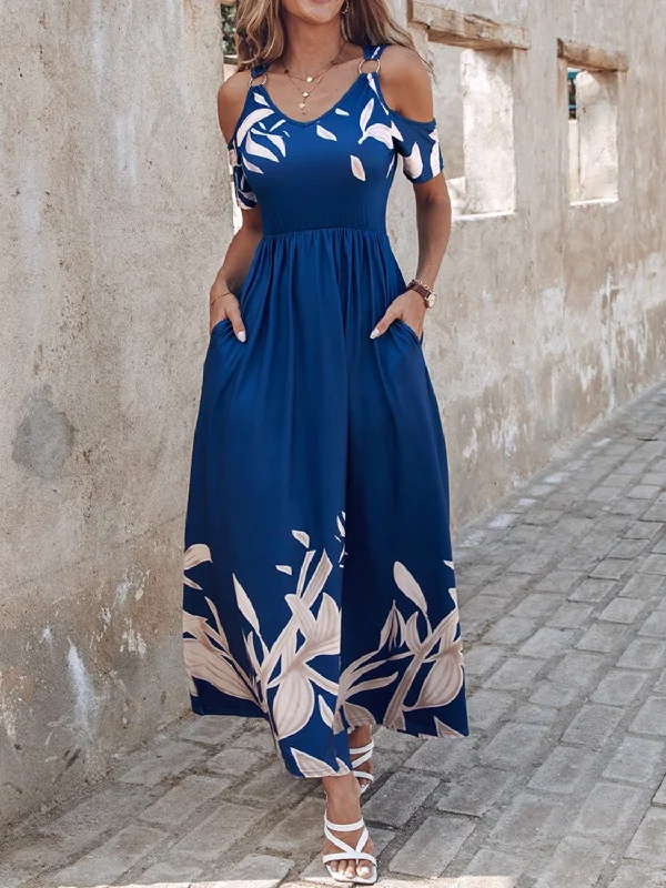 Printed Cold Shoulder Short Sleeve Maxi Dress Elegant Floral Maxi Dress