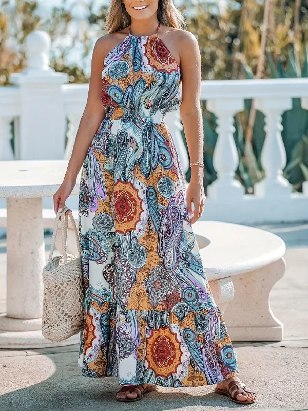 Printed Halter Neck Maxi Dress Comfortable Fitted Maxi Dress