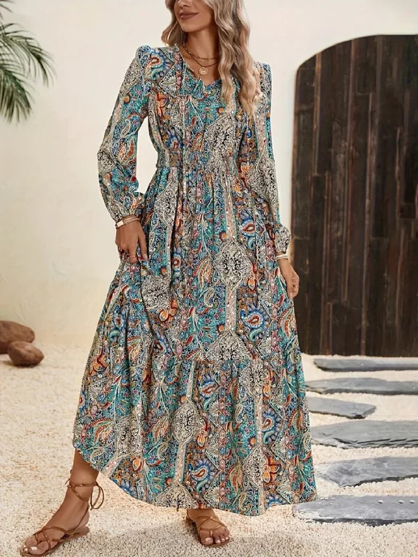 Printed Tie Neck Long Sleeve Maxi Dress Comfortable Satin Maxi Dress