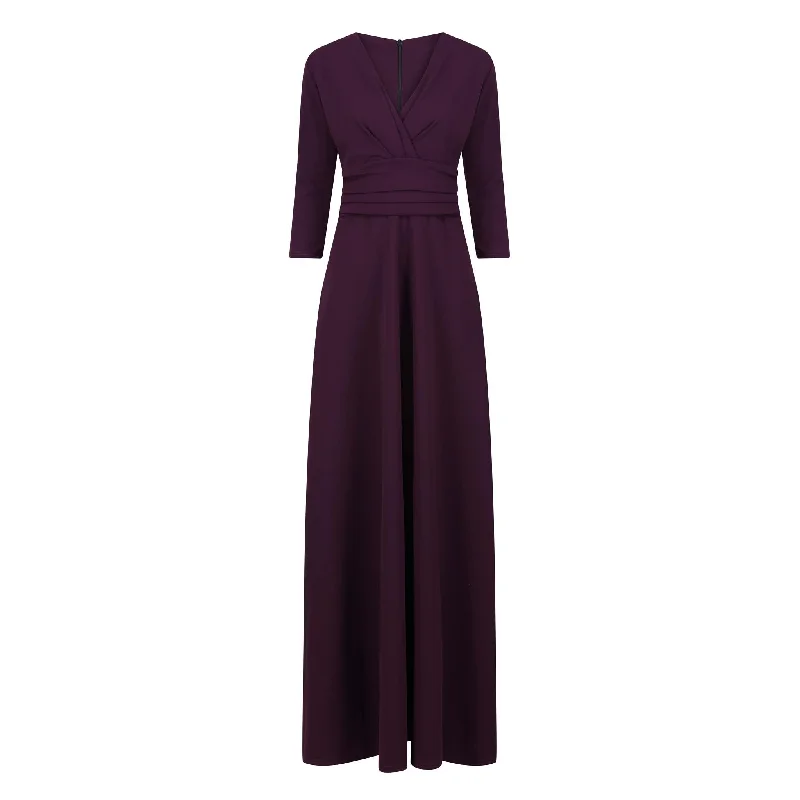 Purple Aubergine V Neck 3/4 Sleeve Maxi Dress Chic Sleeveless Maxi Dress