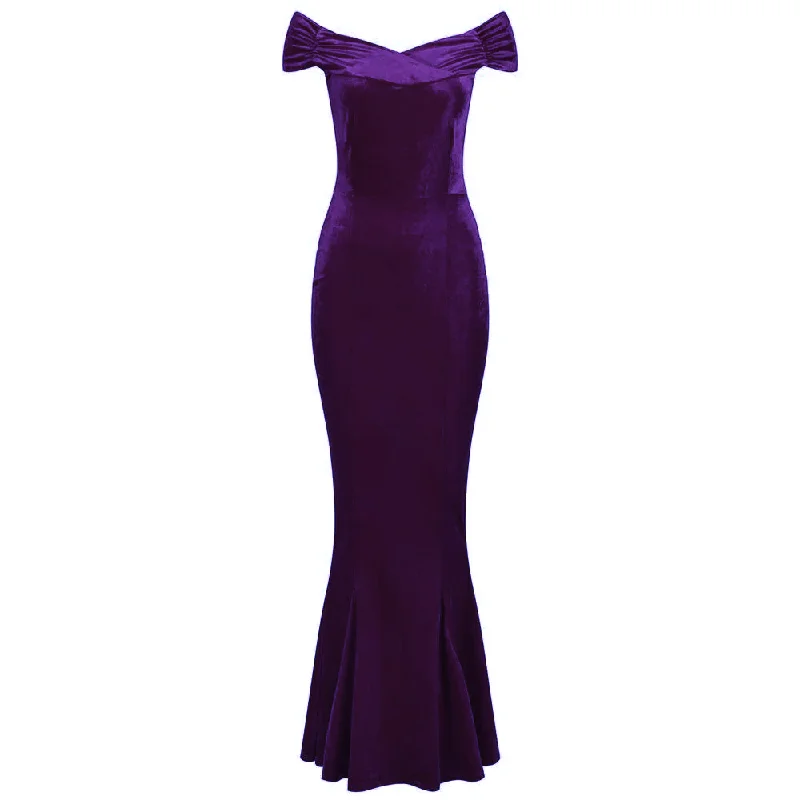 Purple Cap Sleeve Crossover Bust Fishtail Hem Velour Maxi Dress Fashionable Off-Shoulder Maxi Dress