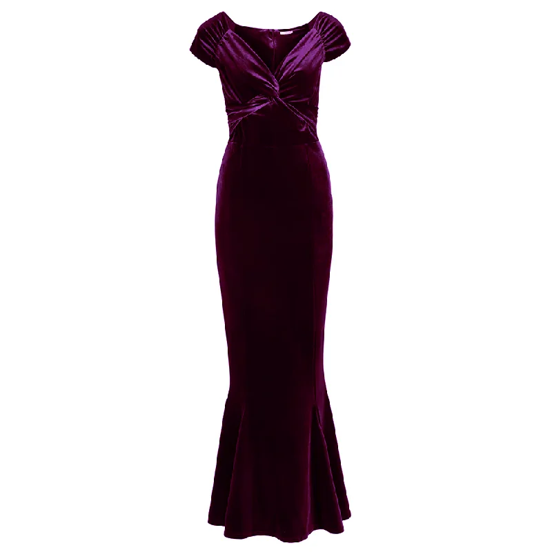 Purple Cap Sleeve Twist Bust Fishtail Hem Velour Maxi Dress Fashionable High-Low Maxi Dress