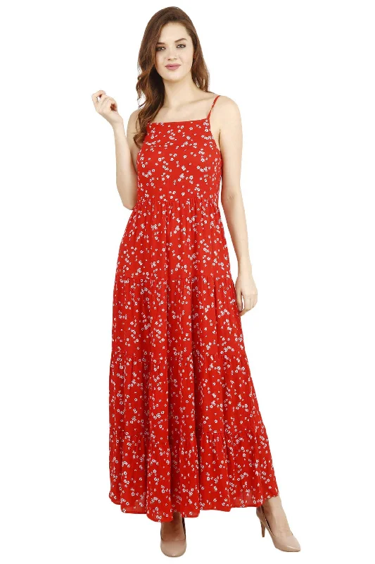 Red Floral Printed Maxi Dress Fashionable Maxi Dress with Fringe