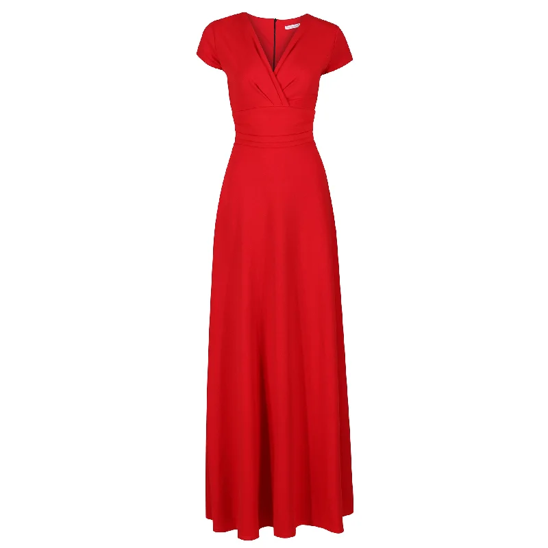 Red V Neck Cap Sleeve Maxi Dress Fashionable Sheer Maxi Dress