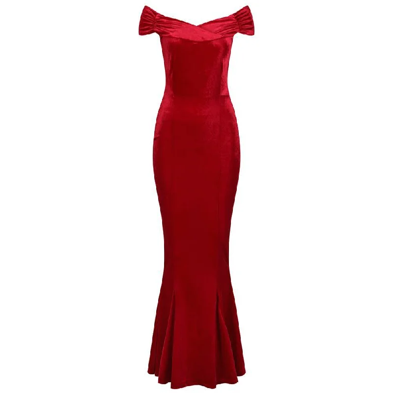 Red Cap Sleeve Crossover Bust Fishtail Hem Velour Maxi Dress Cozy Knitted Maxi Dress