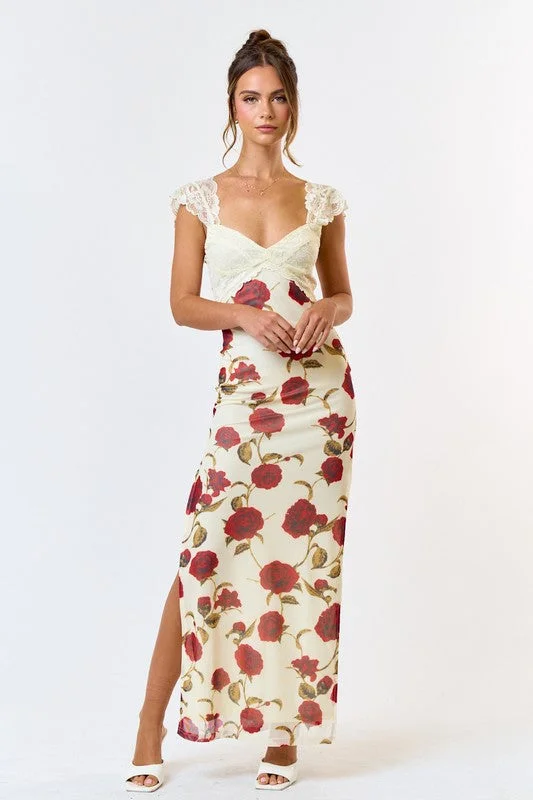 Rose To The Occasion Lace Floral Maxi Dress Trendy Floral Print Maxi Dress