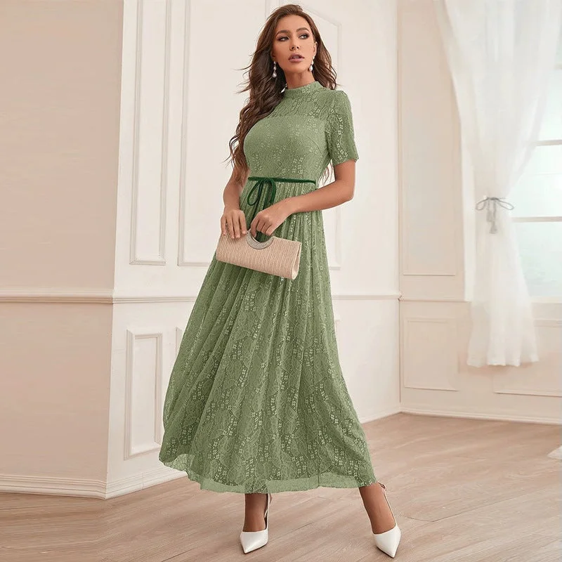 Round Neck Short Sleeve High Waist Maxi Dress Classic A-Line Maxi Dress