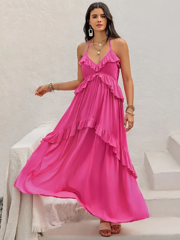 Ruffled Halter Neck Maxi Dress Fashionable Sheer Maxi Dress