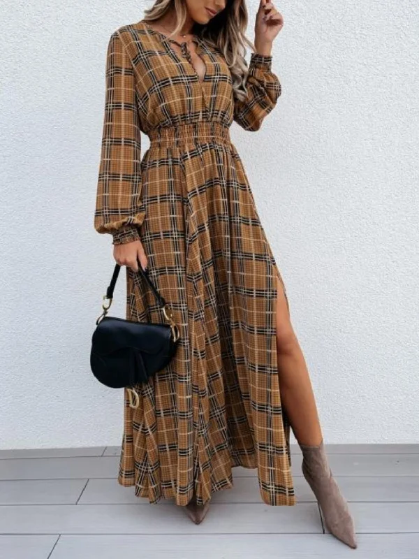 Slit Plaid Tie Neck Long Sleeve Maxi Dress Fashionable Open-Back Maxi Dress