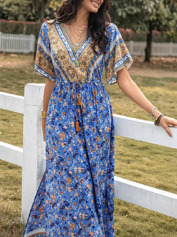 Slit Printed V-Neck Half Sleeve Maxi Dress Stylish Maxi Dress with Pleats