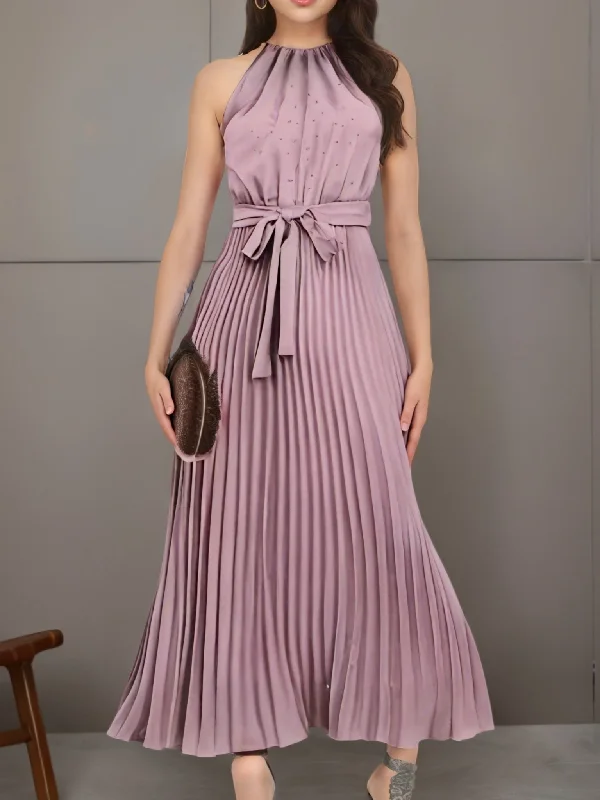 Solid Pleated Dress, Elegant Sleeveless Knotted Maxi Dress, Women's Clothing Fashionable Open-Back Maxi Dress