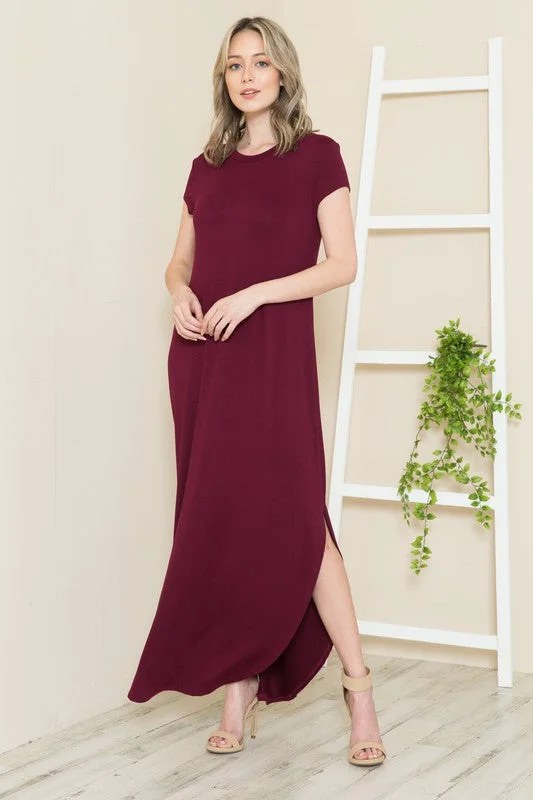 Solid Short Sleeve Maxi Dress with Side Slit Elegant Maxi Dress with Ruffles