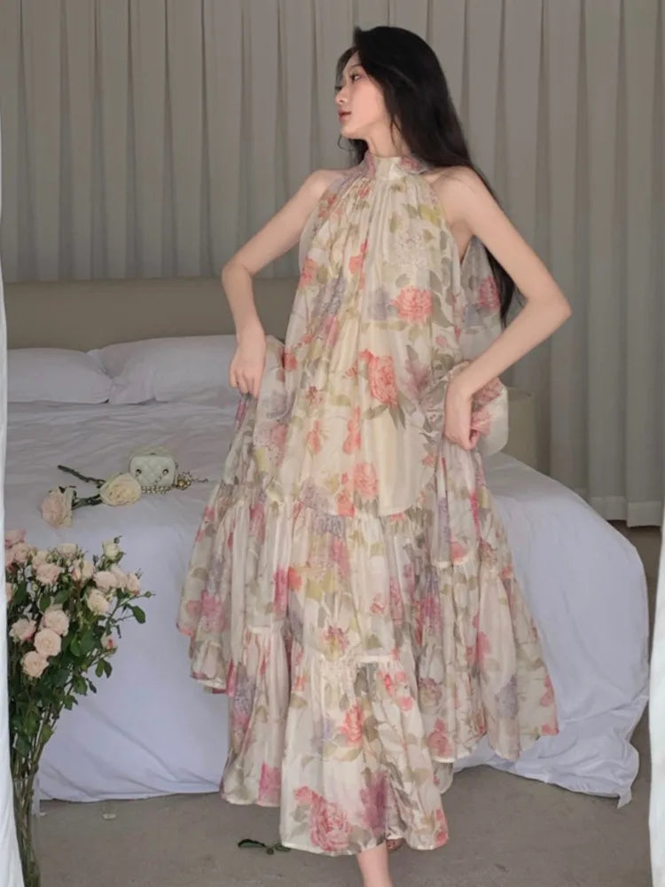 Summer Women Elegant Floral Print Maxi Dresses New Fashion Sleeveless Loose Ruffle Y2k Dress Beach Birthday Party Robe Trendy Floral Print Maxi Dress