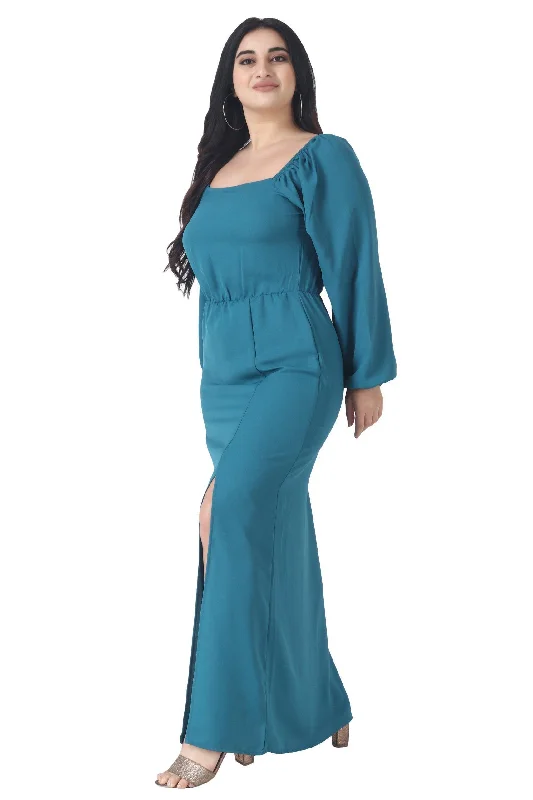 Teal Blue Solid Maxi Dress with Front Slit Comfortable Ruffle Hem Maxi Dress