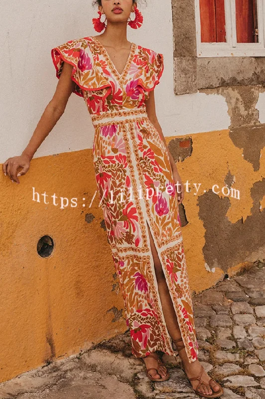 Unique Printed V-neck Open Back Ruffled Sleeves Slit Maxi Dress Classic Black Maxi Dress Unique Printed V-neck Open Back Ruffled Sleeves Slit Maxi Dress Classic Black Maxi Dress
