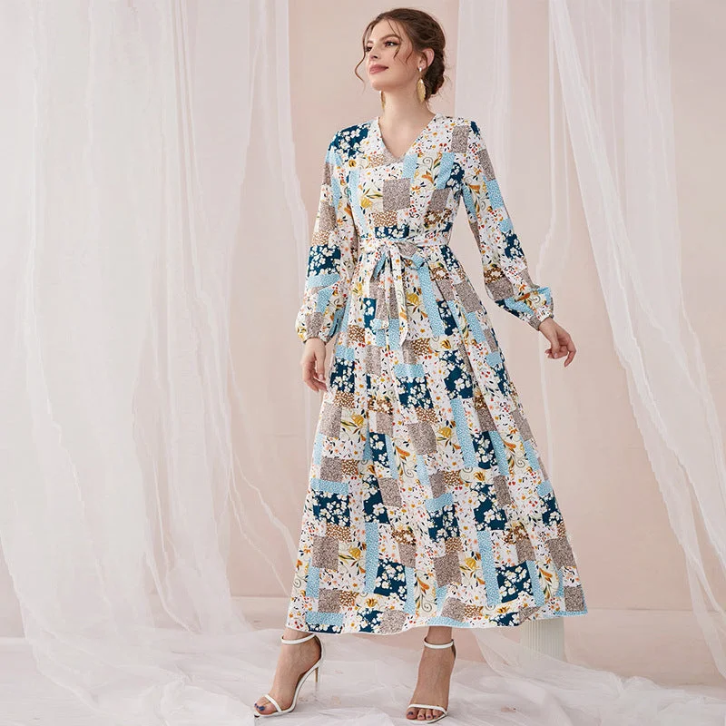 V-neck Long Sleeve Floral Print Maxi Dress Stylish V-Neck Maxi Dress