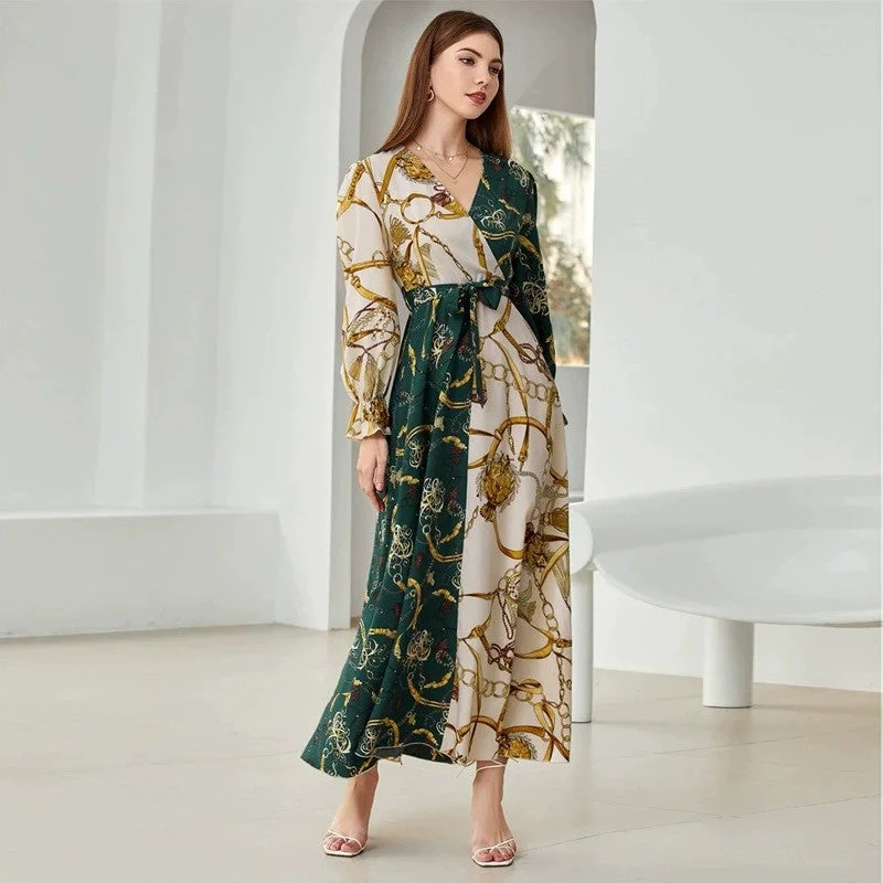 V Neck Long Sleeve Printed Maxi Dress Trendy Ruffled Maxi Dress