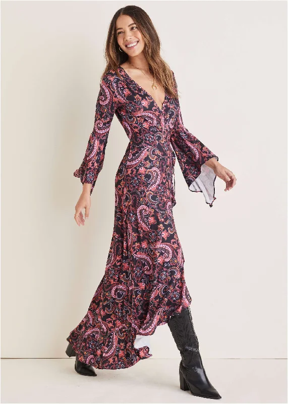 Paisley Wrap Maxi Dress - Multi-Paisley Stylish One-Shoulder Maxi Dress