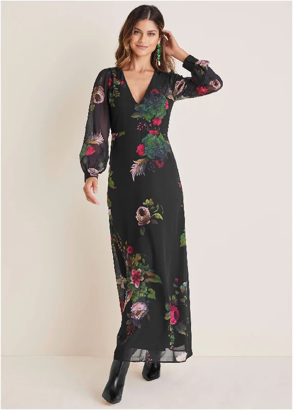 V-Neck Floral Maxi Dress - Black Multi Chic Off-Shoulder Maxi Dress