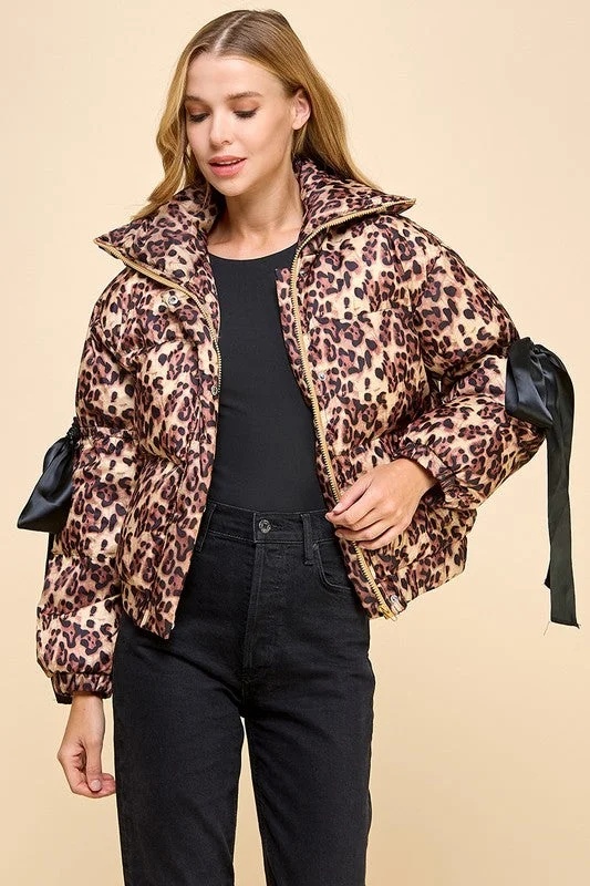 Animal Printed Bow Detail Puffer Jacket Faux Fur Jacket Real Fur Jacket Shearling Jacket