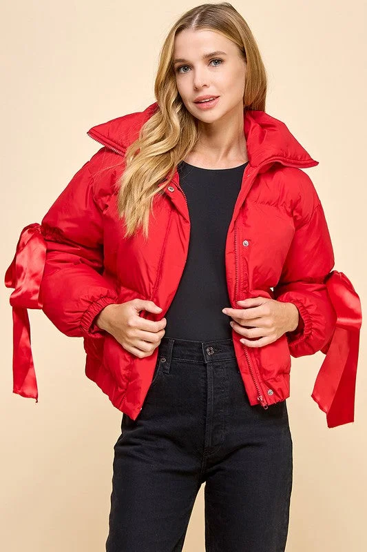 Puffer Jacket With Bow Zippered Front Buttoned Front Snap Front