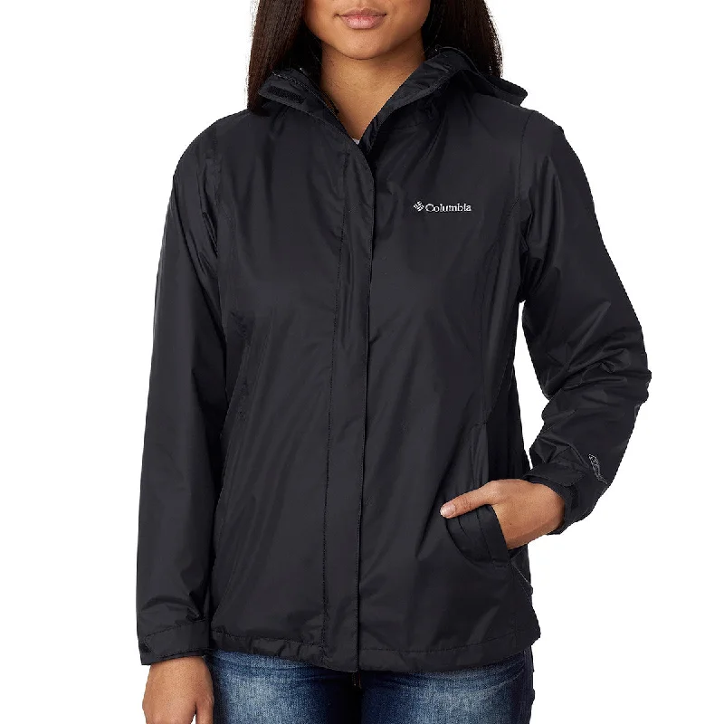 Columbia Women's Black Arcadia II Rain Jacket Front Pockets Side Pockets Patch Pockets