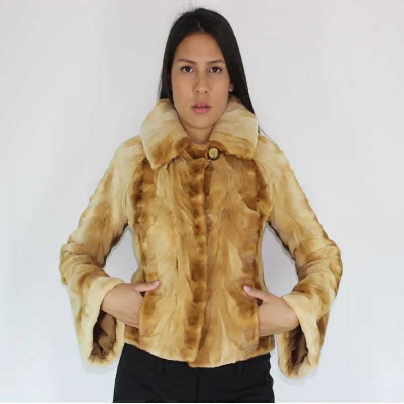 BETA Tabaco mink pieces jacket Stand-Up Collar Roll-Neck Collar Turtle Neck