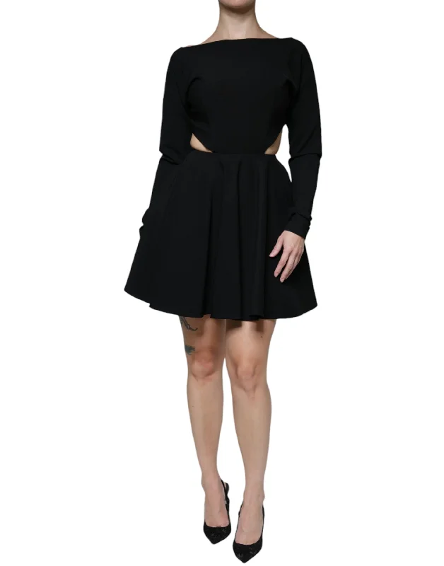 Black Viscose Cut Out A-line Long Sleeves Mini Dress Comfortable One-Shoulder Mini Dress