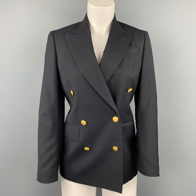 BROOKS BROTHERS by LORO PIANA Size 2 Navy Wool Double Breasted Jacket A-Line Jacket Boat Neck Shawl Collar