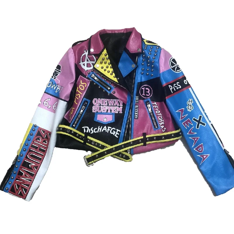 CHICO GIRL Graffiti Riveted Leather Jacket Appliqued Jacket Beaded Jacket Sequined Jacket