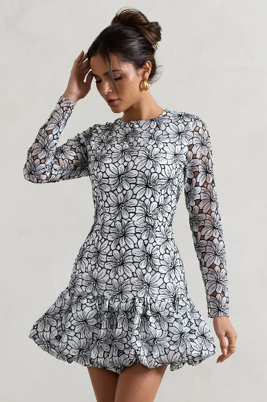 Claribel | Black & White Lace Long-Sleeve Mini Dress With Ruffle Hem Trendy Off-Shoulder Dress Mini