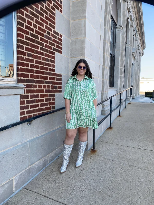 Collared Printed Mini Dress- Green Fashionable Lace Mini Dress